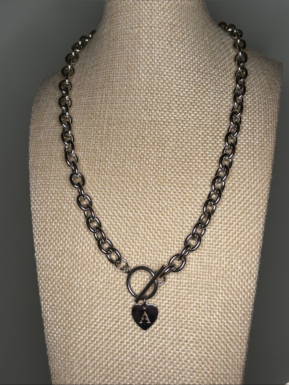 Heart Padlock Toggle Necklace - Silvertone Letter A